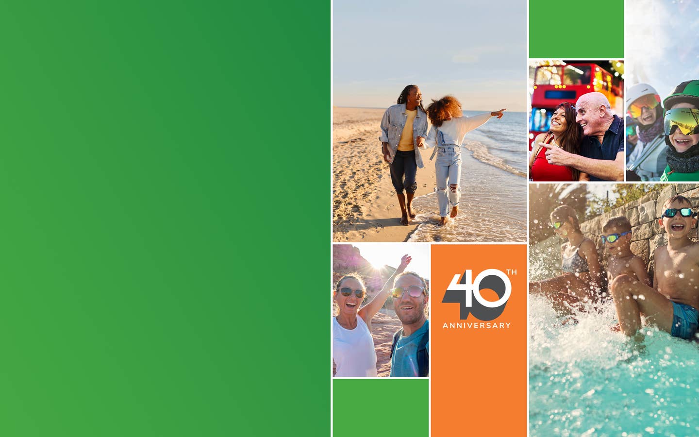 Green square and photo collage with people at beach, snowboarding, in Vegas, in the desert and at the pool with a 40th anniversary logo.