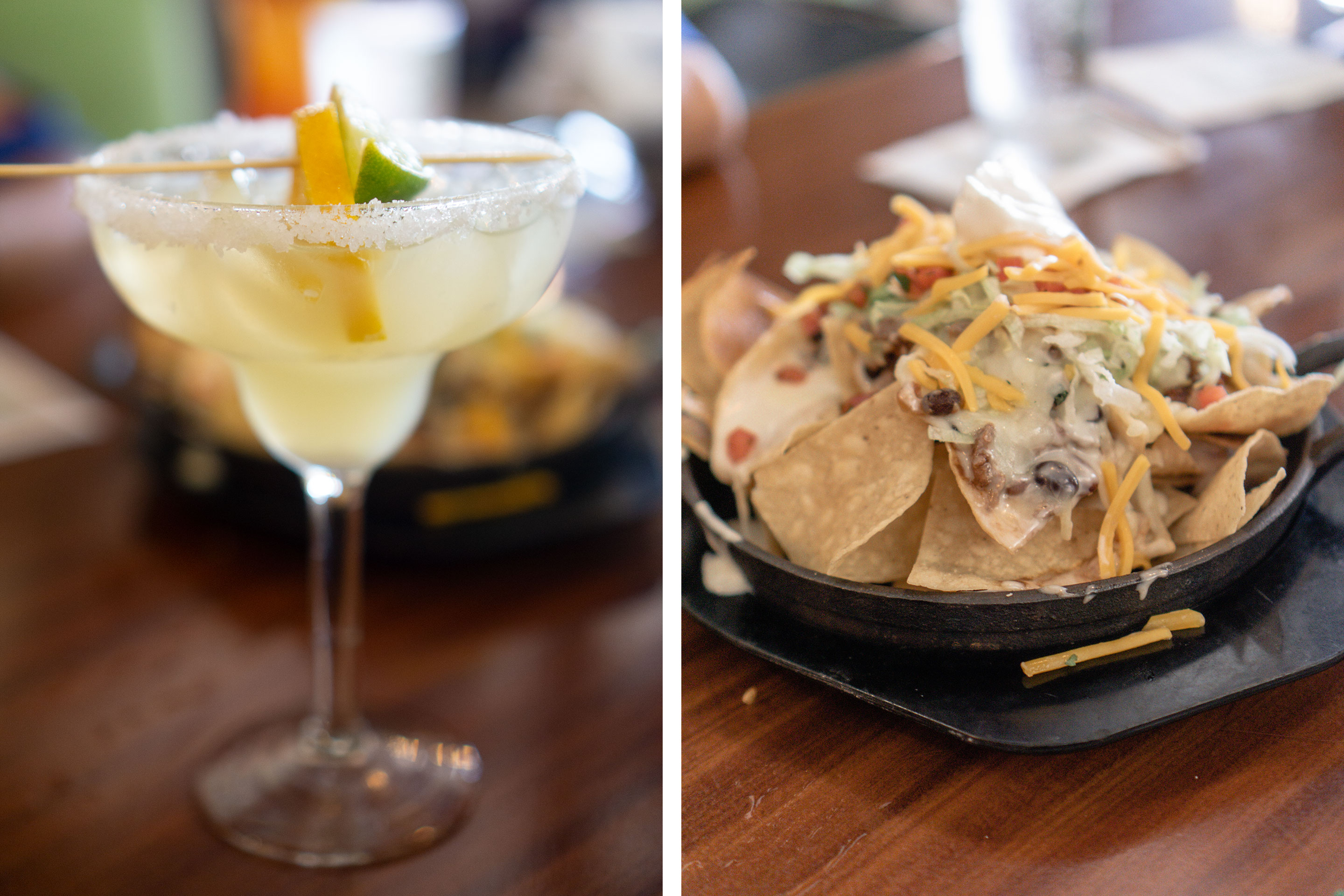 Left: An alcoholic beverage with garnish sits on a tabletop. Right: An appetizer with toppings sits on a tabletop in a black bowl.