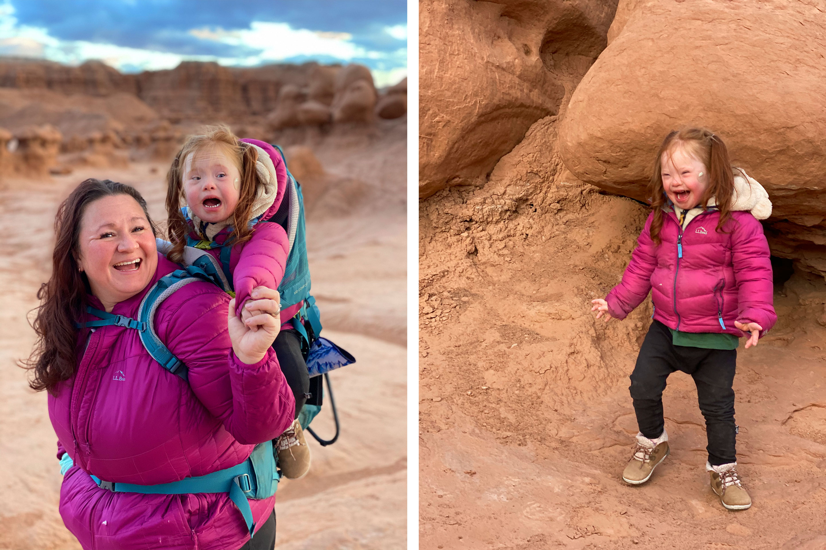 Left: Featured Contributor, Melody Forsyth (left), backpacks with her daughter, Ruby (right), in front of orange rock formations wearing pink coats. Right: Ruby stands in front in front of orange rock formations wearing a pink coat.