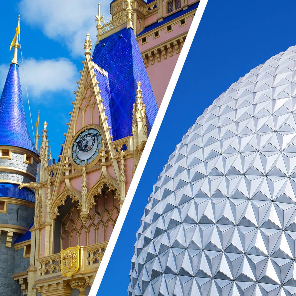 Left: Cinderella's Castle at Magic Kingdom. Right: Spaceship Earth at EPCOT.