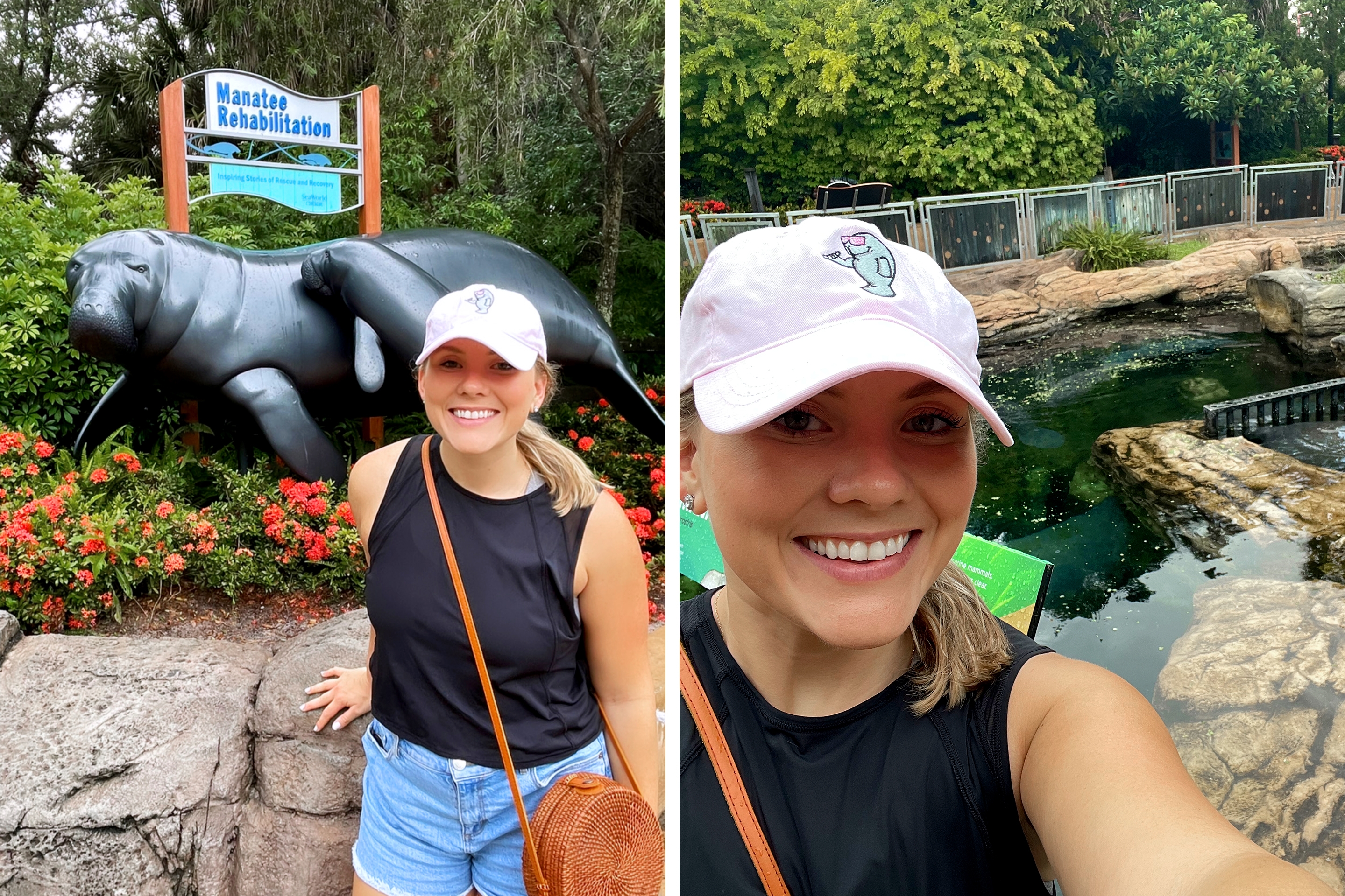 Left: A Caucasian woman with a pink baseball cap, black tank, denim shorts stands near a sign that reads ’Manatee Rehabilitation’ with statues of a female and baby manatee. Right: The same woman stands near a tank enclosure containing manatees.