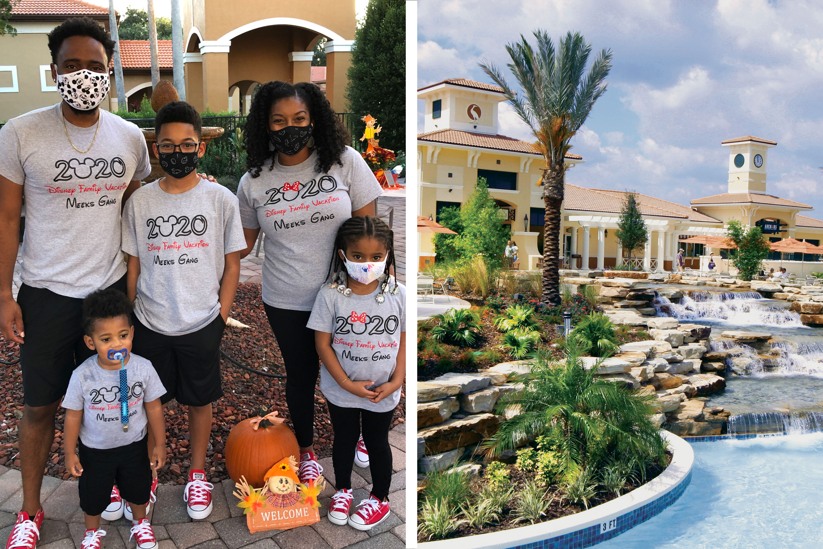 Left: Featured Contributor, Tina Meeks, stands with her family wearing matching Disney shirts and masks at our Orange Lake resort in Orlando, Florida. Right: An exterior shot of our Orange Lake Resort pool located in Florida