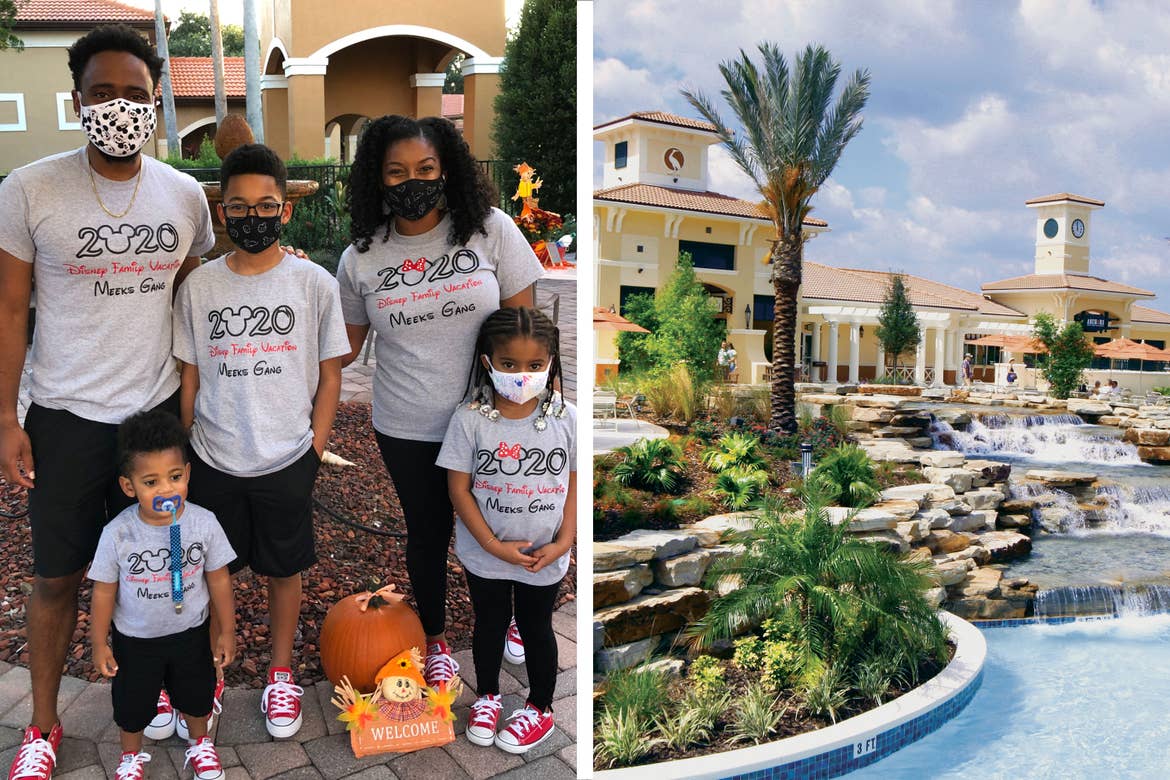 Left: Featured Contributor, Tina Meeks, stands with her family wearing matching Disney shirts and masks at our Orange Lake resort in Orlando, Florida. Right: An exterior shot of our Orange Lake Resort pool located in Florida