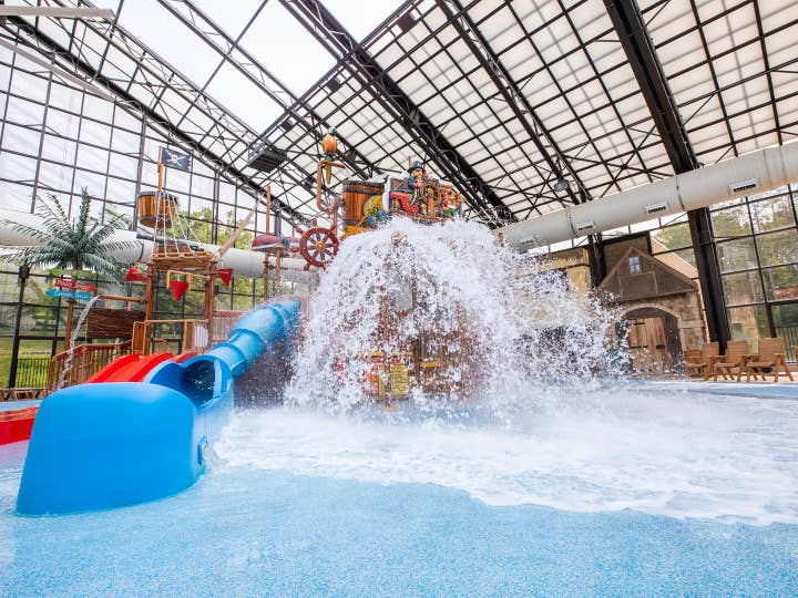 Splash zone at Pirate's Cay waterpark at Fox River Resort in Sheridan, Illinois.