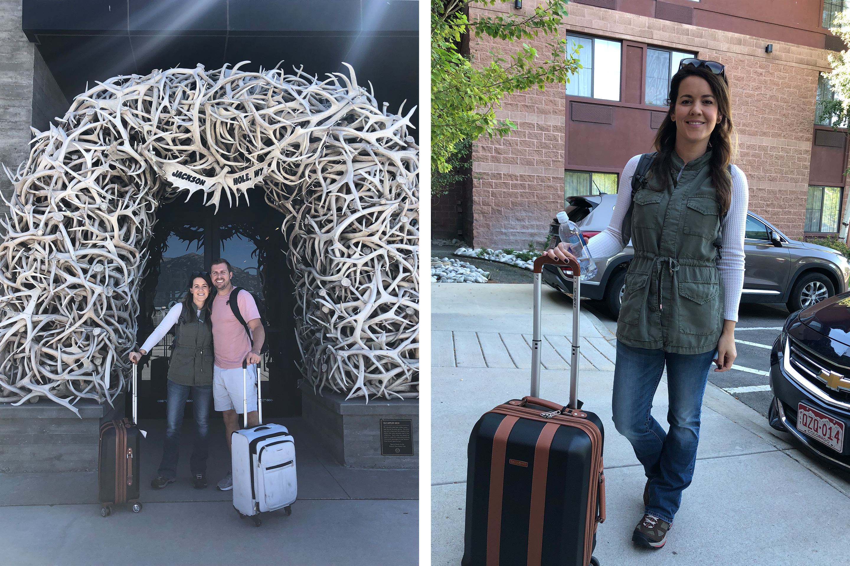 Left: Jenn C. Harmon (left) and her husband (right) stand under an arch made of shedded antlers with rolling luggage in tow. Right: Jenn C. Harmon wears a white shirt and green vest with jeans outside of a resort with her rolling luggage in tow.