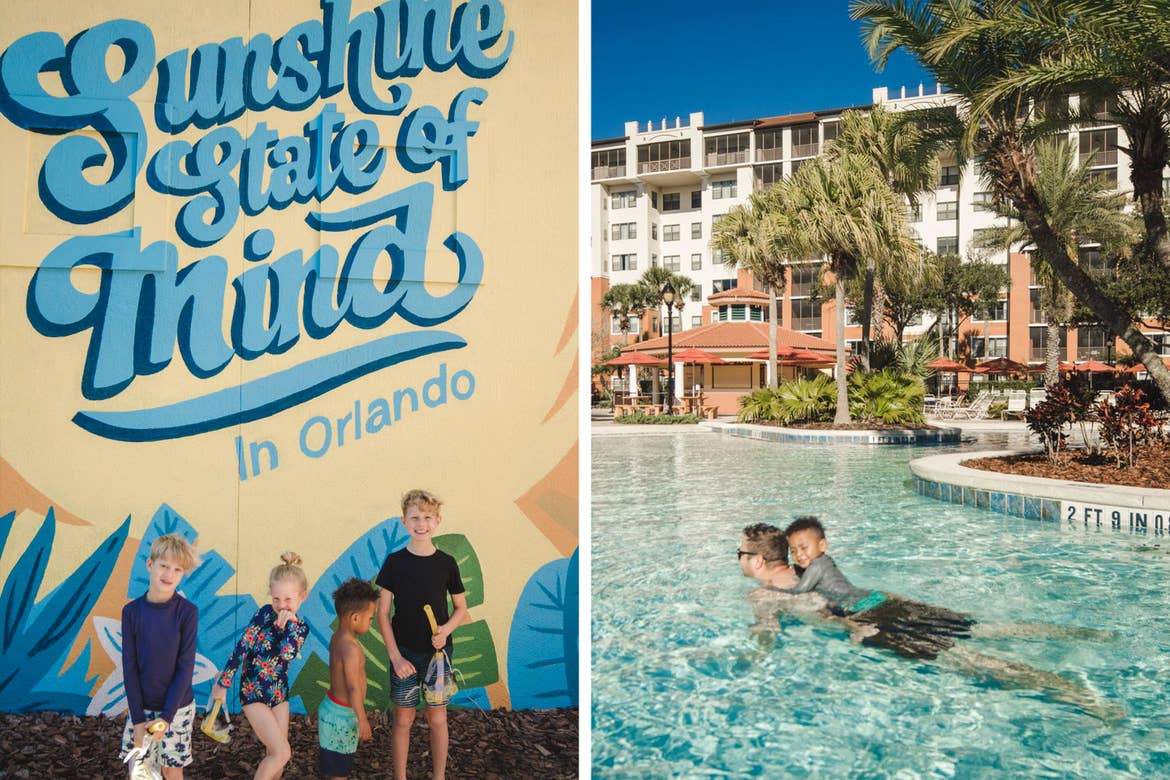 Left: Four children wearing swimwear stand in front of a yellow mural that reads, 'Sunshine State of Mind in Orlando.' Right: A man carries a young boy on his back as they swim in the pool near a building exterior.