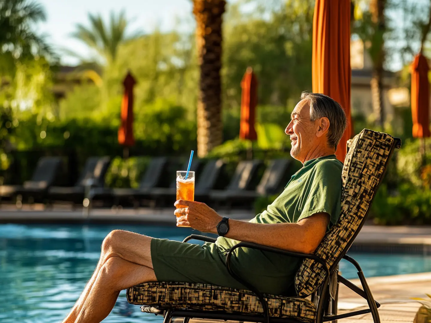 A older resort guest lounging on a poolside cabana Scottsdale AZ resort