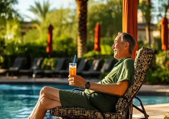 A-older-resort-guest-lounging-on-a-poolside-cabana-Scottsdale-AZ-resort.