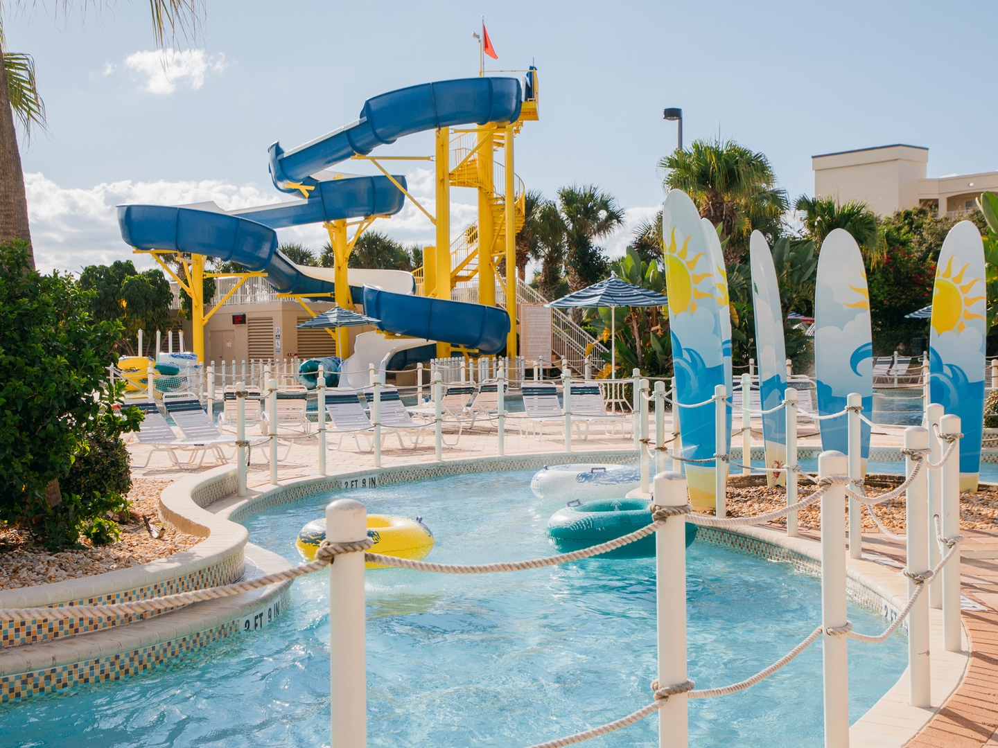 Blue waterslide at Cape Canaveral Beach Resort in Florida.