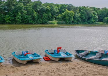 Paddle boats sitting at edge of lake at Fox River Resort in Sheridan, Illinois.