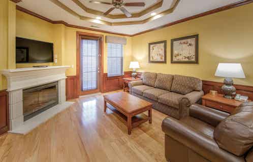 Living room in a three-bedroom ambassador villa at Galveston Seaside Resort