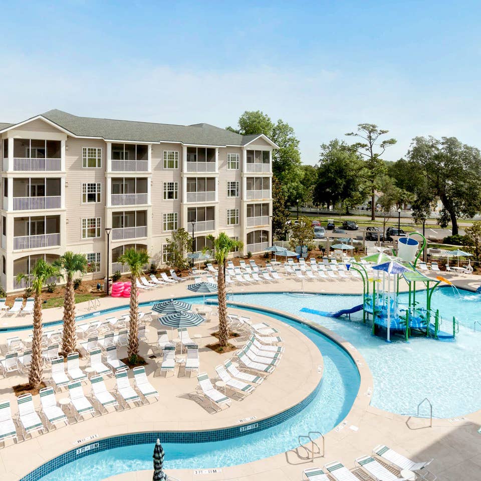 Aerial view of the pool and exterior of South Beach Resort