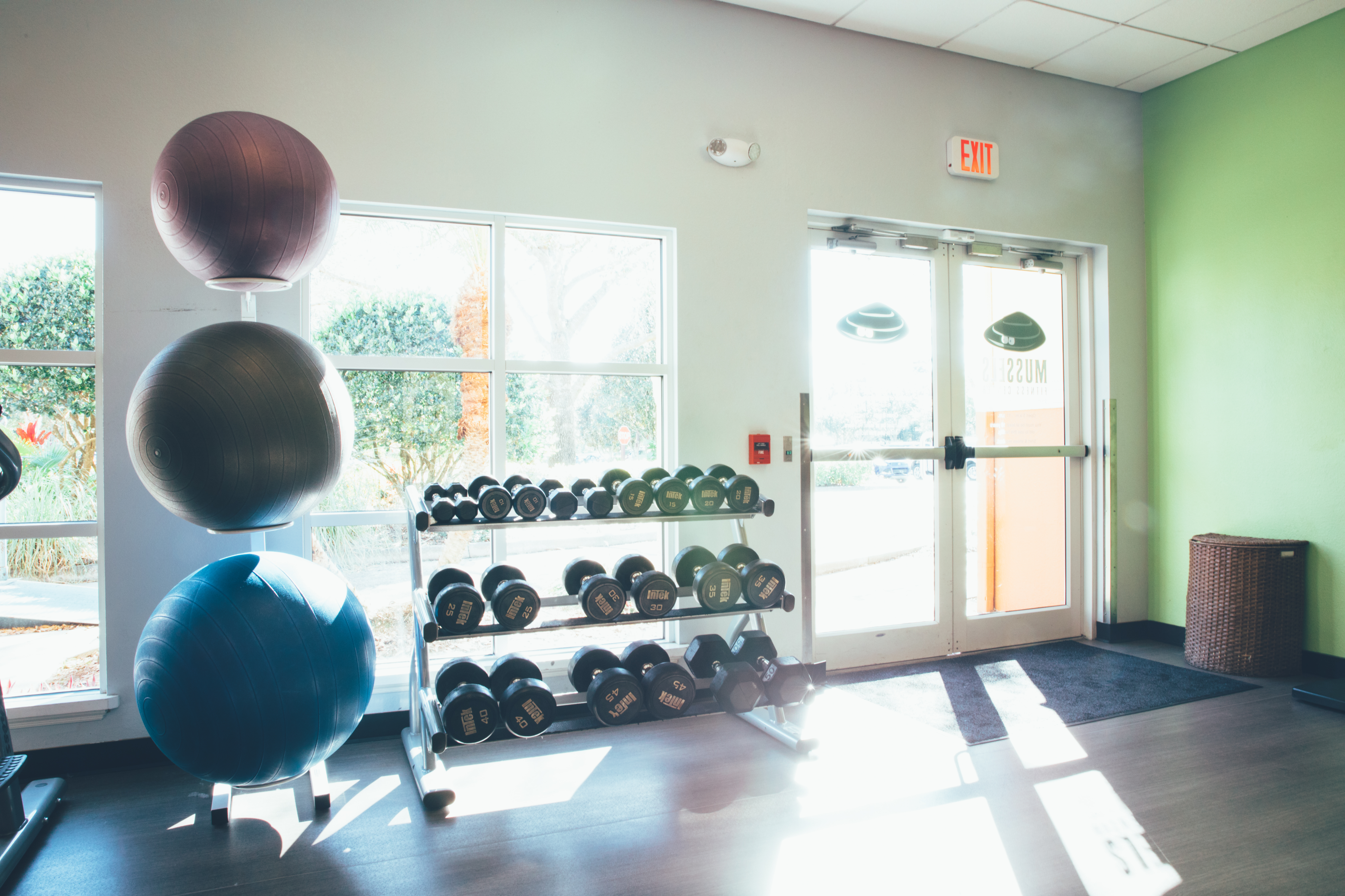 Fitness center with yoga balls and free weights in River Island at Orange Lake Resort near Orlando, Florida.