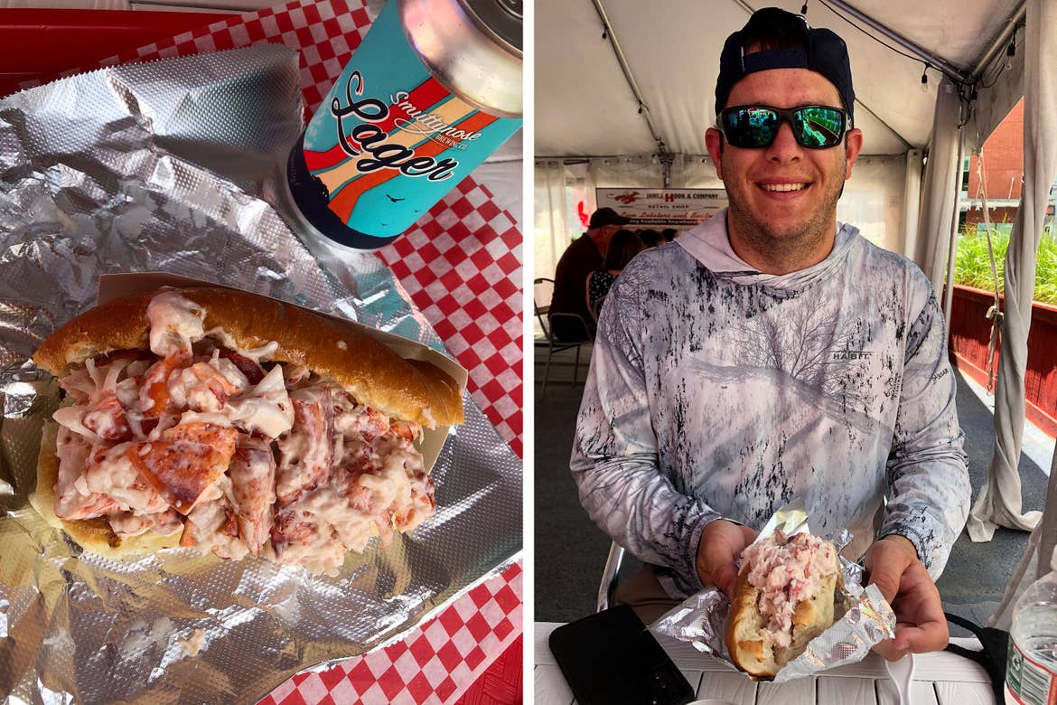 Left: A Lobster Roll placed on a table top. Right: A man in sunglasses, and a hat holds a Lobster Roll.