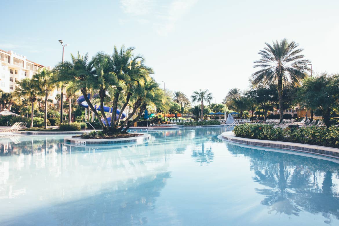 Pool surrounded by palm trees in River Island at Orange Lake Resort near Orlando, Florida