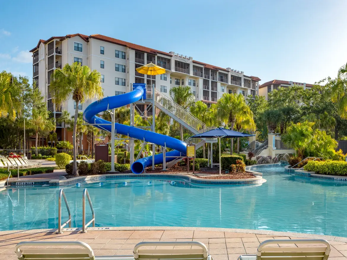 Pool, waterslides, and villas at Orange Lake Resort in Florida.