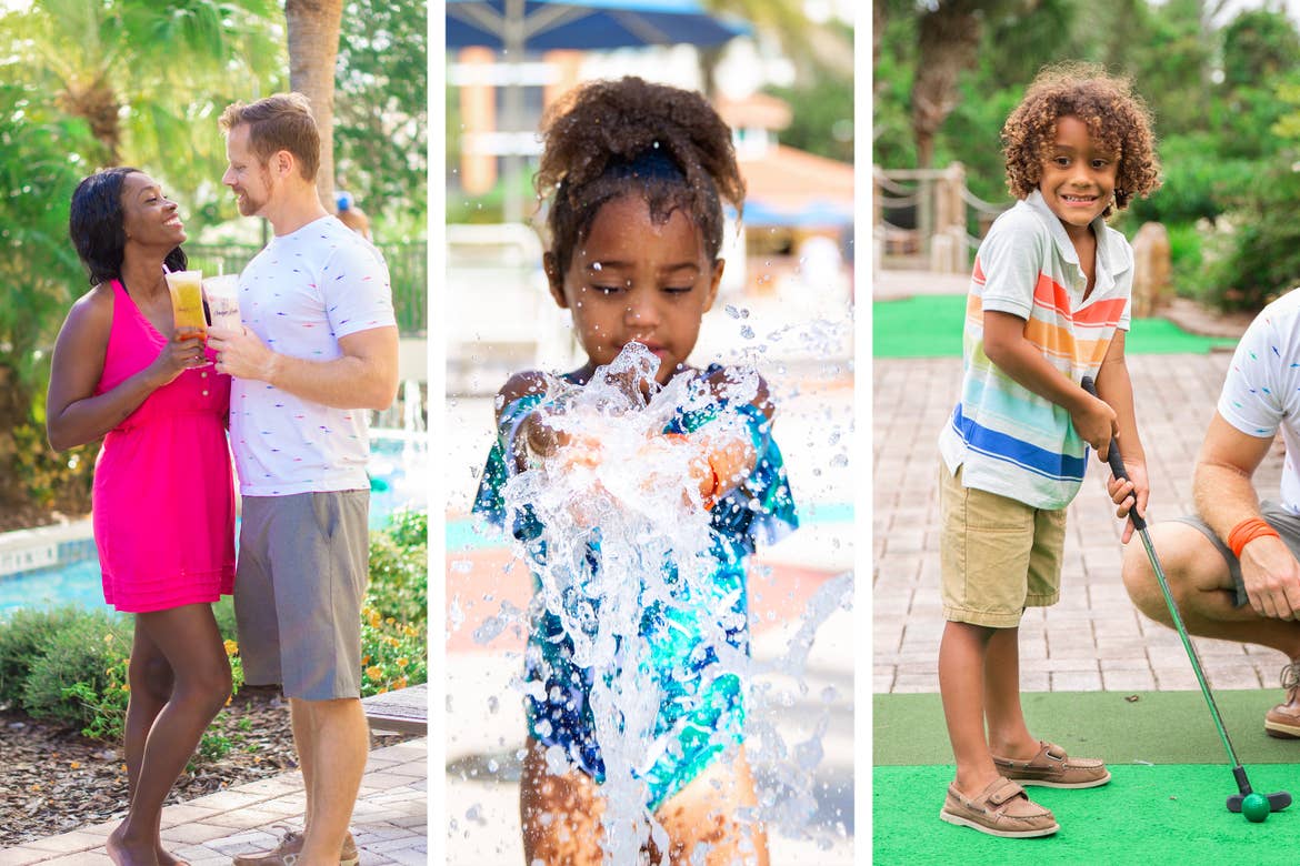 Left: Sally Butan (left) and her husband enjoy some beverages at a table near the lazy river.Middle: Alissa wears a swimsuit near a fountain of water at our Splash Pad.Right: Alexander plays mini golf outdoors.