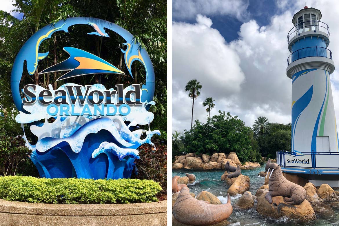 Left: SeaWorld Orlando sign. Right: SeaWorld Orlando Lighthouse and Walrus.
