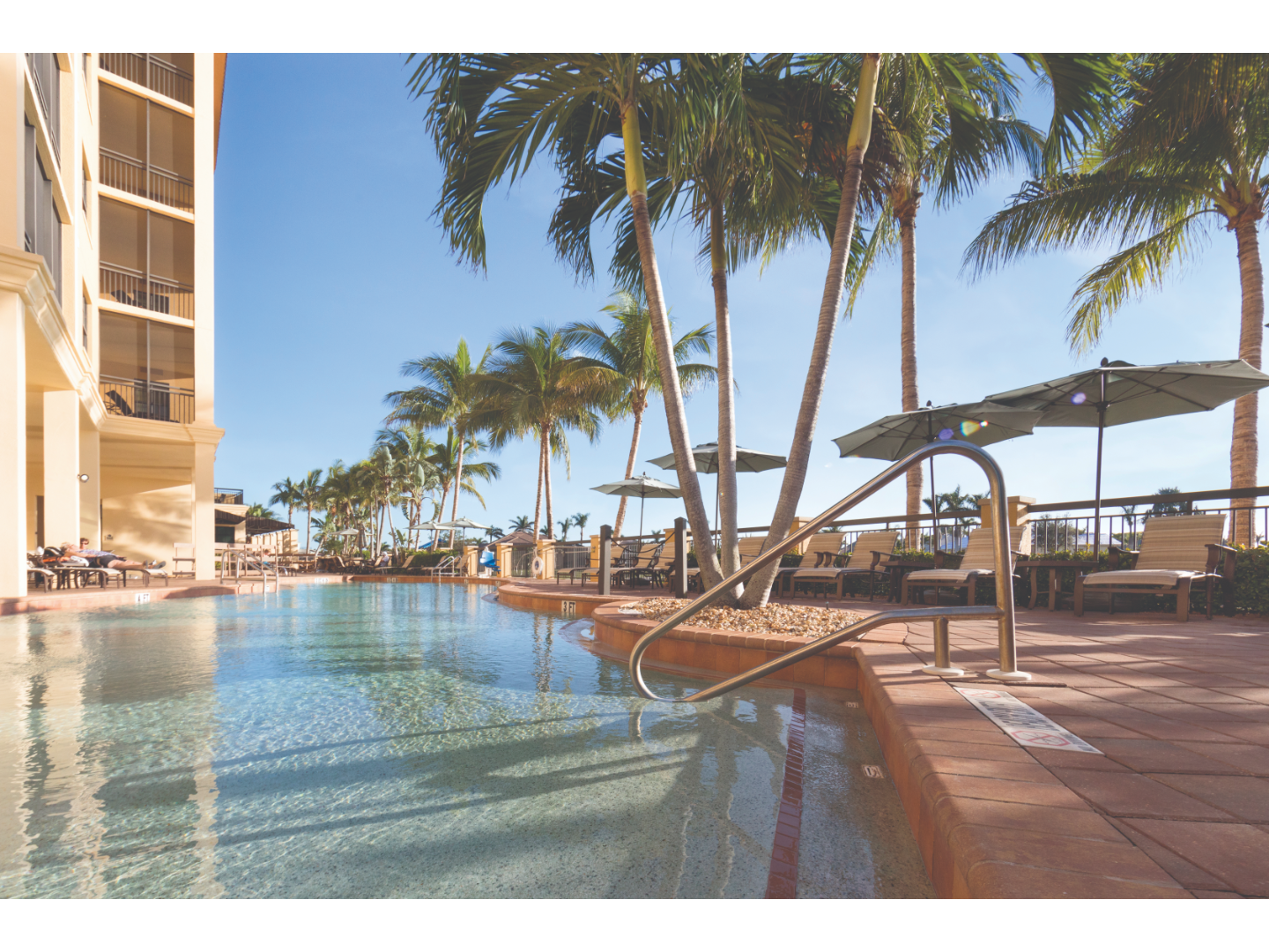 Resort pool surrounded by palm trees, lounge chairs, and umbrellas under clear skies.