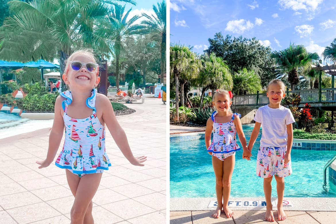 Left: A girl wears sunglasses and a swimsuit on an outdoor pool deck. Right: A girl wears a swimsuit while holding hands with a boy in a t-shirt and swim trunks on an outdoor pool deck. 