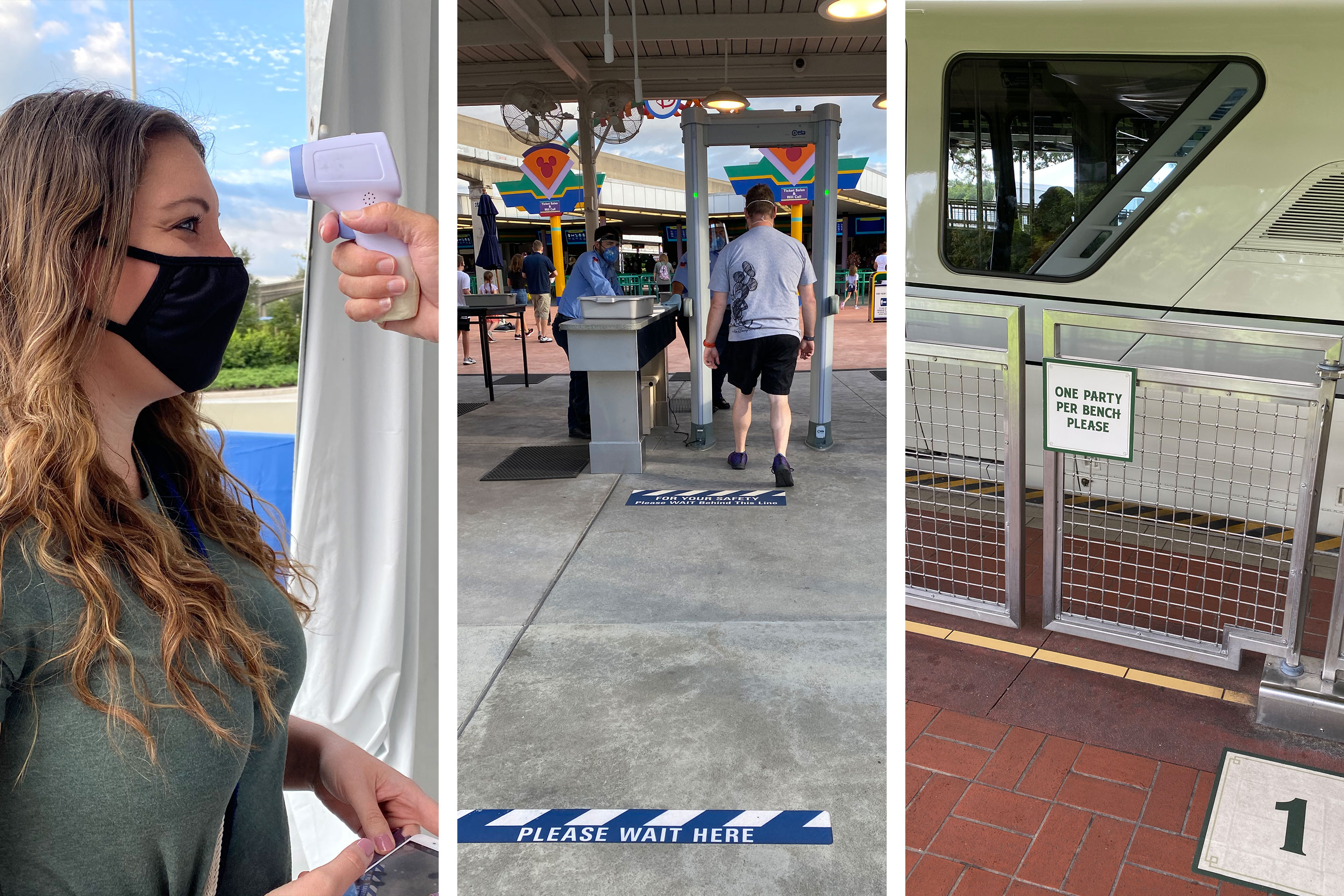 Left: Guest gets temperature check by Cast Member prior to entry for guest safety.Center: Security checkpoint with metal detector and safety tape to enforce social distance.Right: Safety sign on the Monorail to enforce social distance.