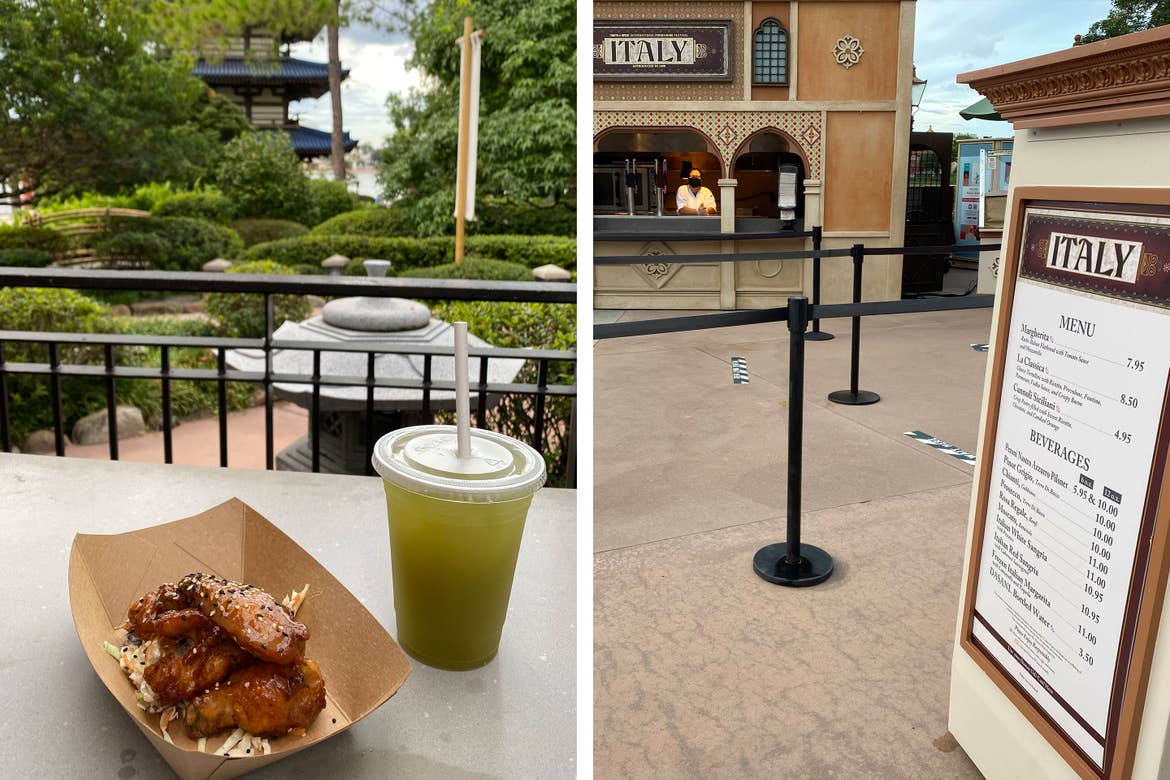 Left: Yuzu-Miso Wings and Green Tea served from the Japan Pavilion festival cart. Right: Italy's Pavilion festival cart and menu.