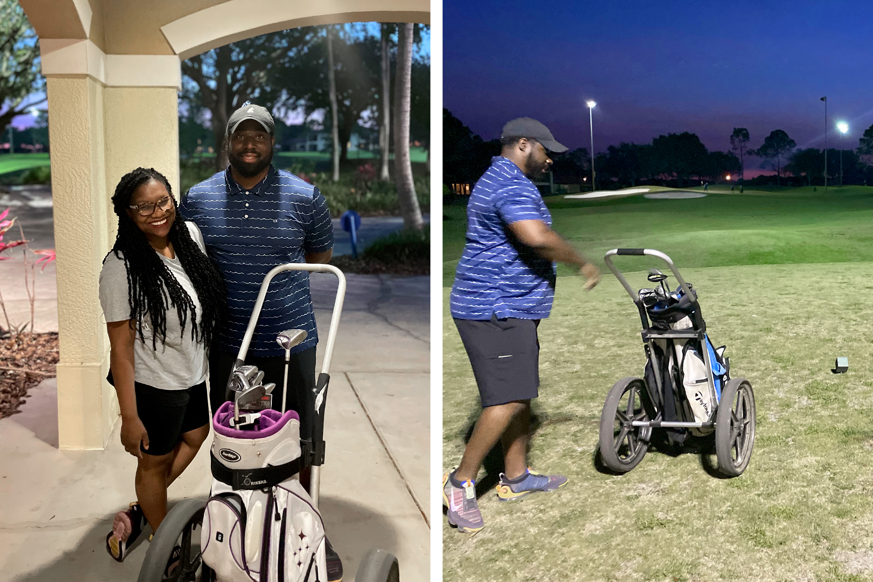 Left: Krystin Godfrey (left) and her husband (right) pose next to a white golf club bag on a carrier at our Orange Lake resort located in Orlando, FL. Right: Krystin's husband steps onto the green as he prepares to golf.