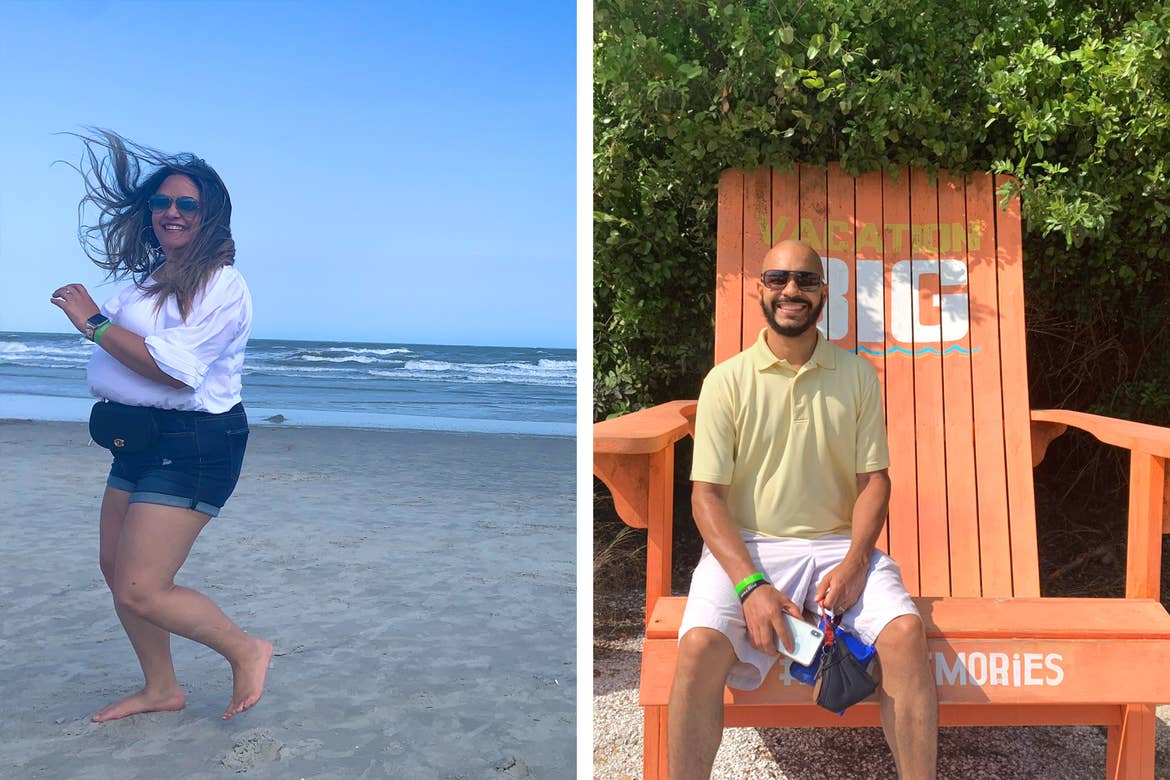 Left: Val strolls down a sandy shoreline wearing a white blouse and sunglasses. Right: Val's husband, Gio, sits on an oversized orange beach chair at our Cape Canaveral Beach Resort.