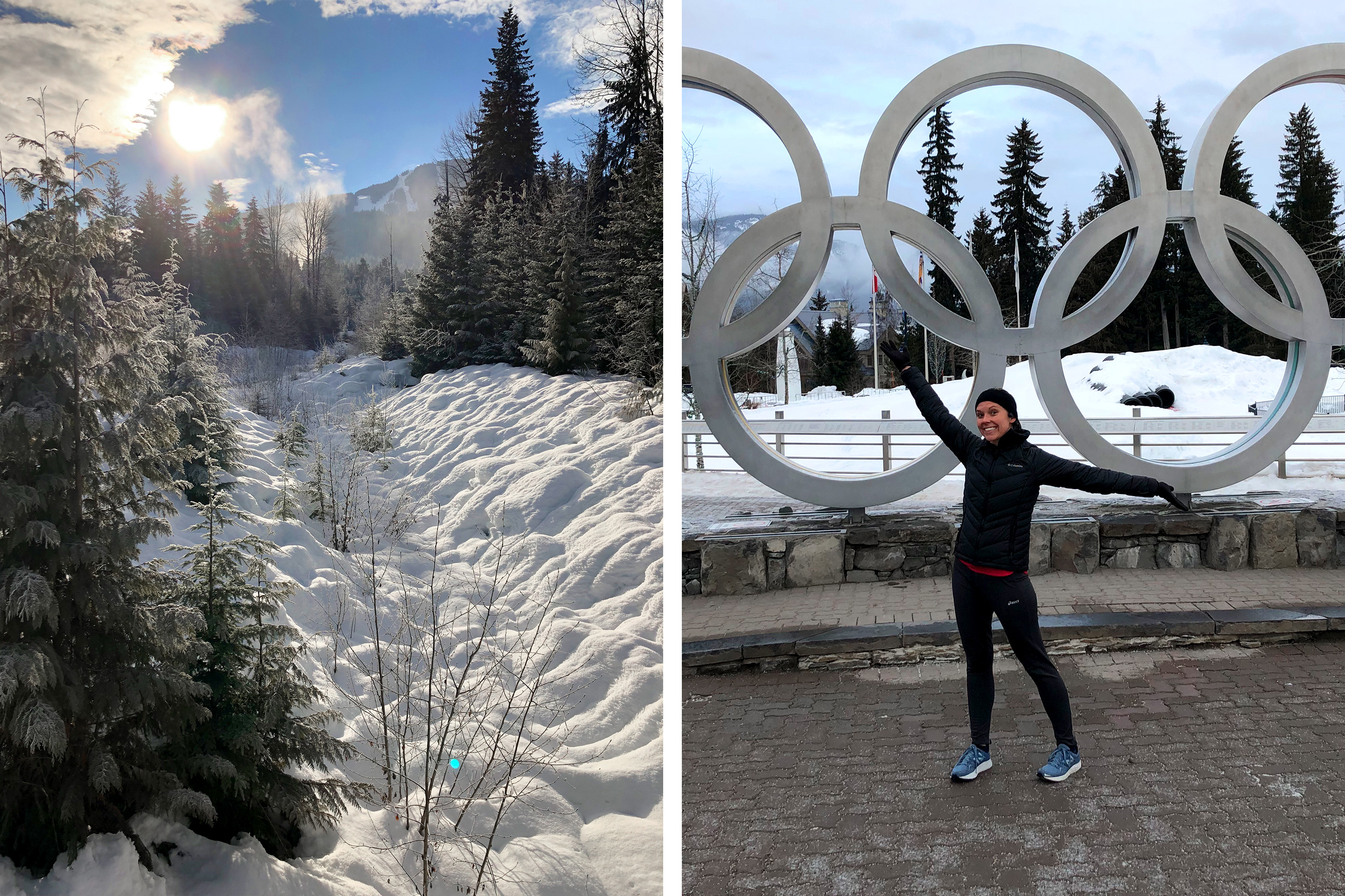 Left: Snow-capped mountain range of Whistler Mountain Range, Canada under blue skies and sunshine. Right: Co-contributor, Sarah Conroy, poses in front of the silver Olympic Rings statue wearing a black winter jacket and apparel.
