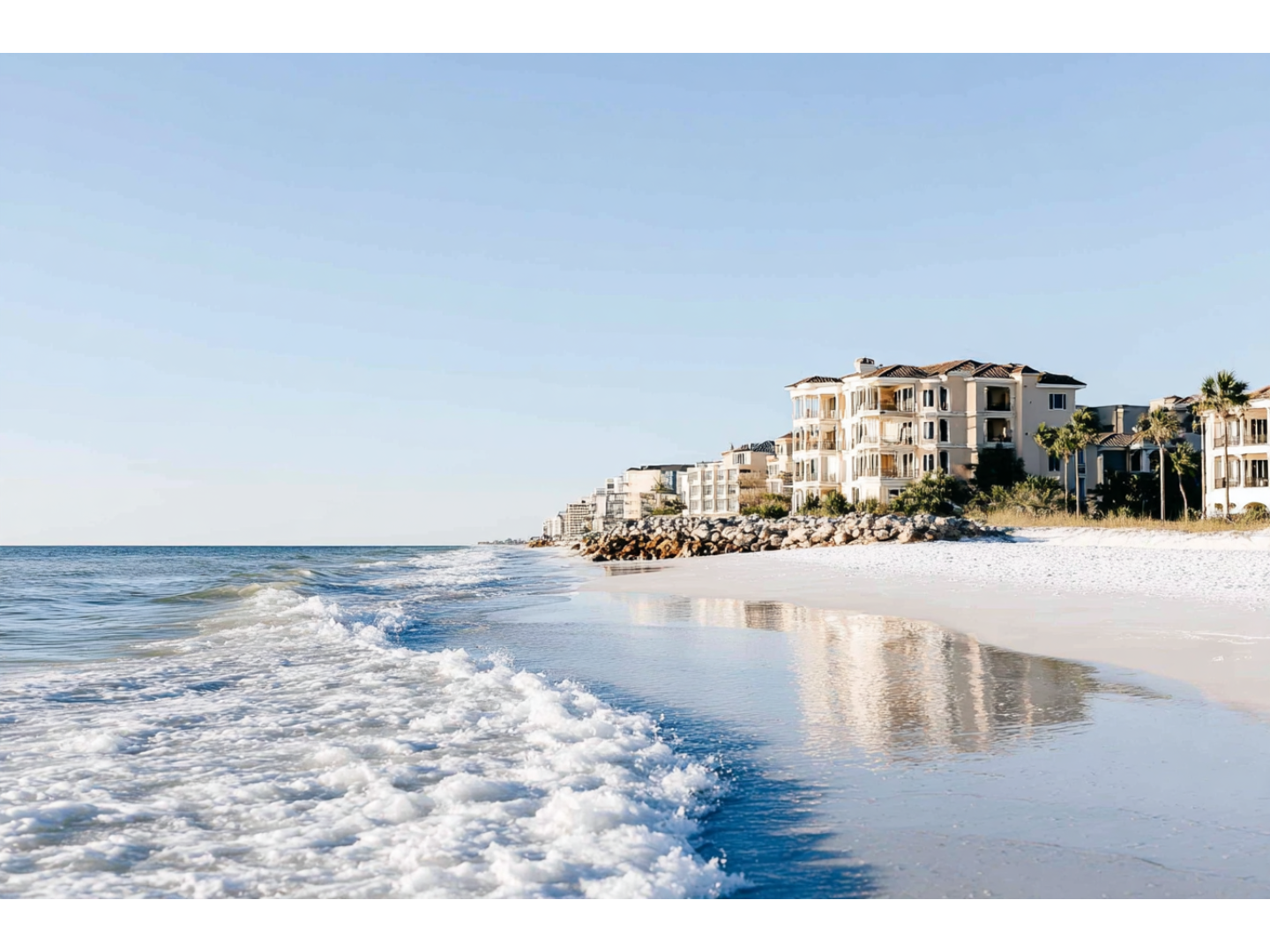 Peaceful shoreline view of a Florida beach with gentle waves and soft sand.