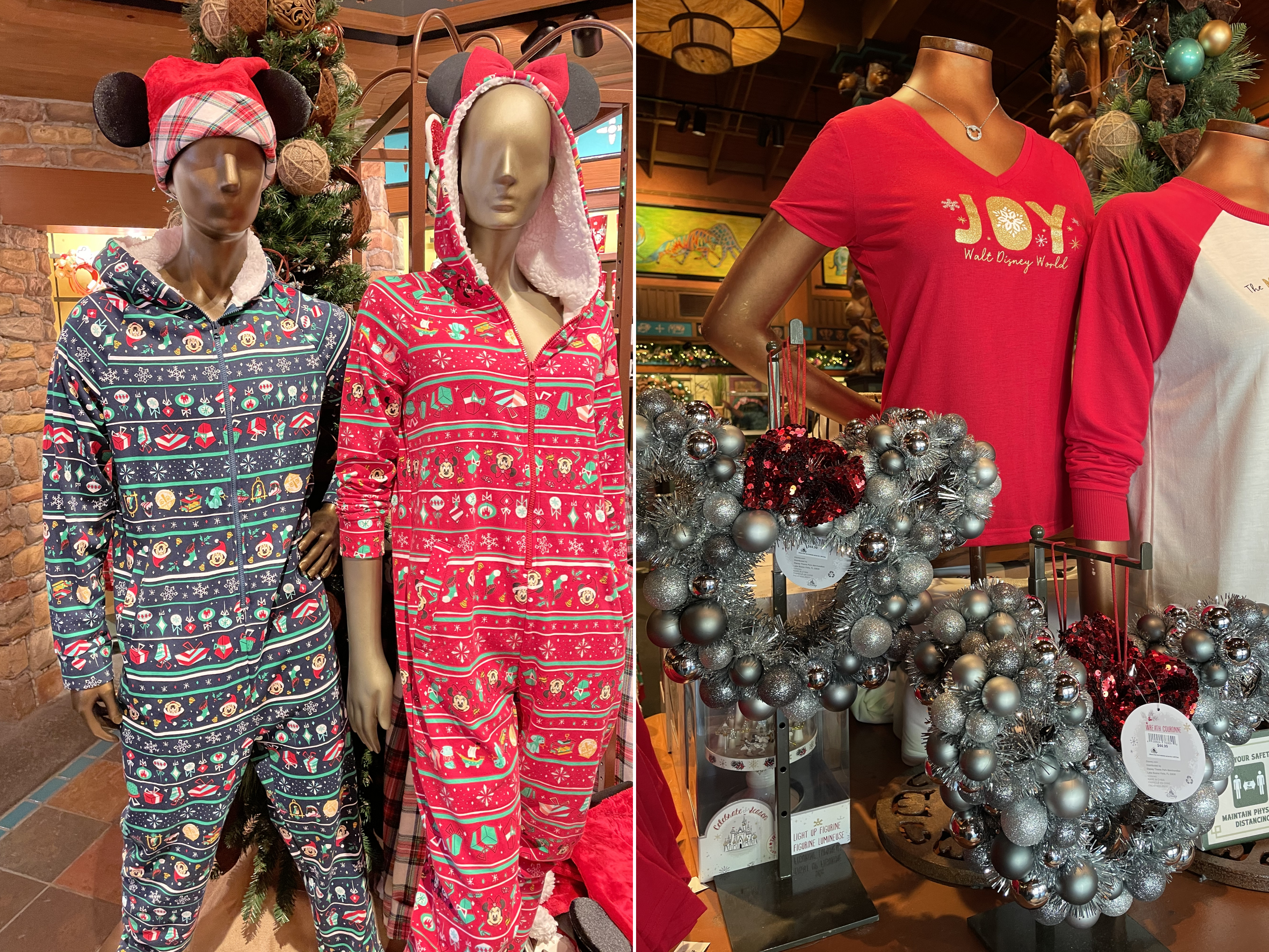 Left: Mickey and Friends Festive onesies at Disney's Animal Kingdom Theme Park at Walt Disney World® Resort. Right: Silver Mickey Icon wreaths and festive apparel at Disney's Animal Kingdom Theme Park at Walt Disney World® Resort.