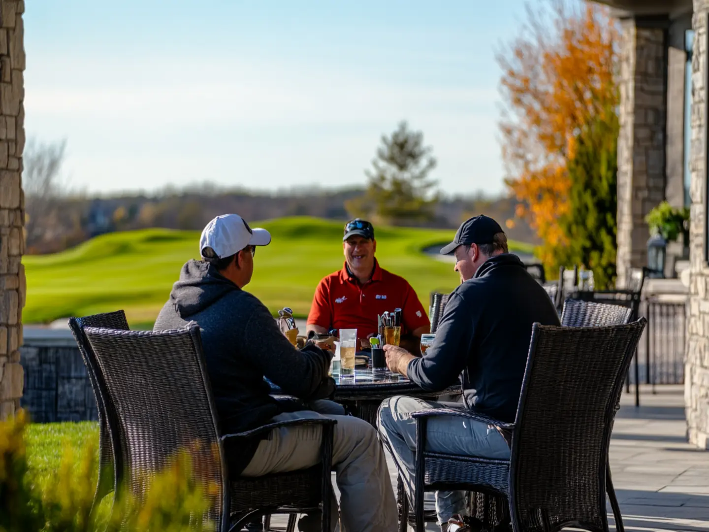 A group of golfers enjoying a drink on the patio Scottsdale AZ resort.