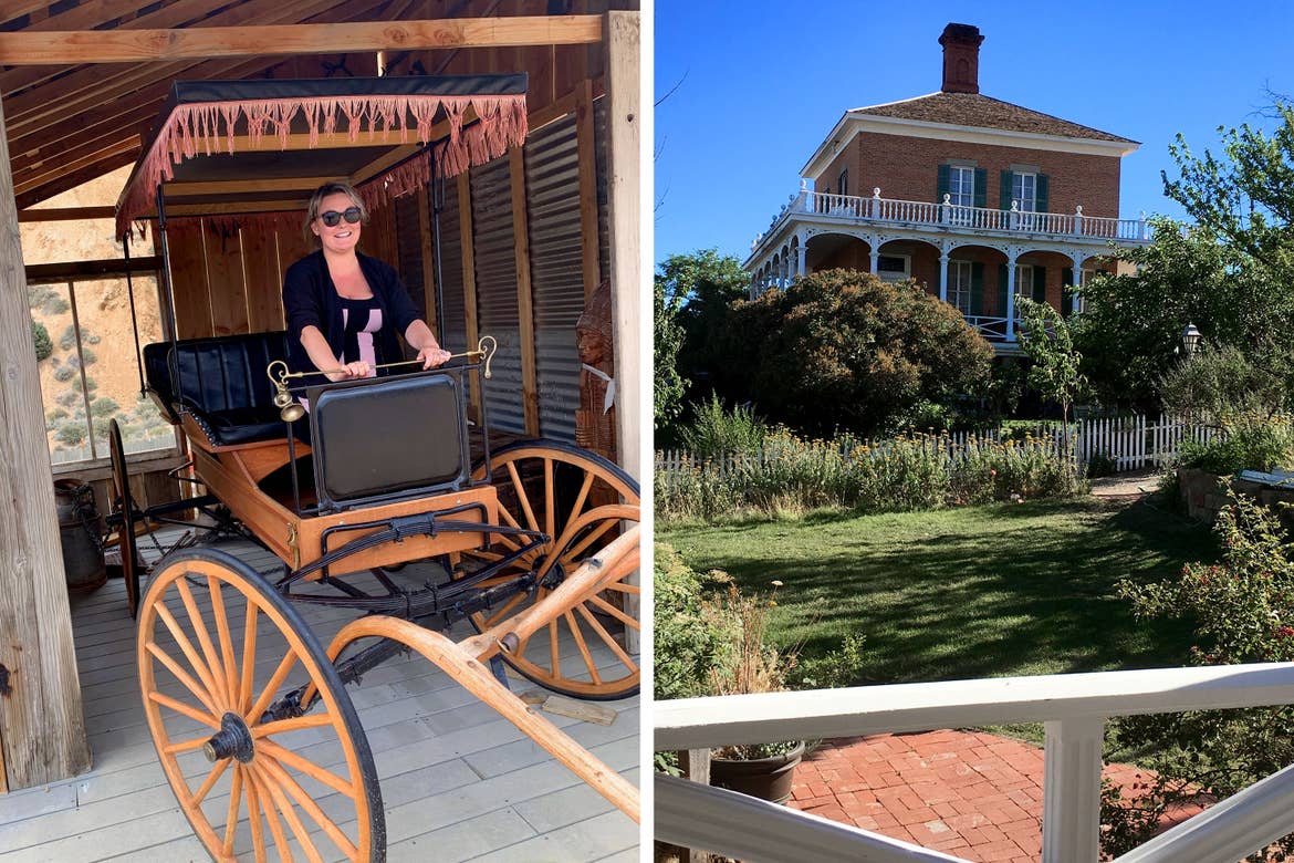 Left: A woman sits on a wooden horse carriage. Right: The McKay Mansion with a red brick facade, white porch and green landscaping.