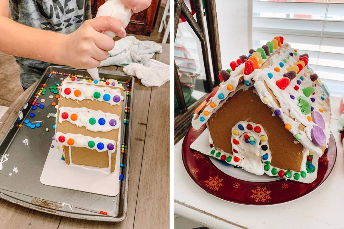 Left: A gingerbread house is being constructed by a pair of hands holding a frosting sleeve. Right: A completed gingerbread house sits on a table.