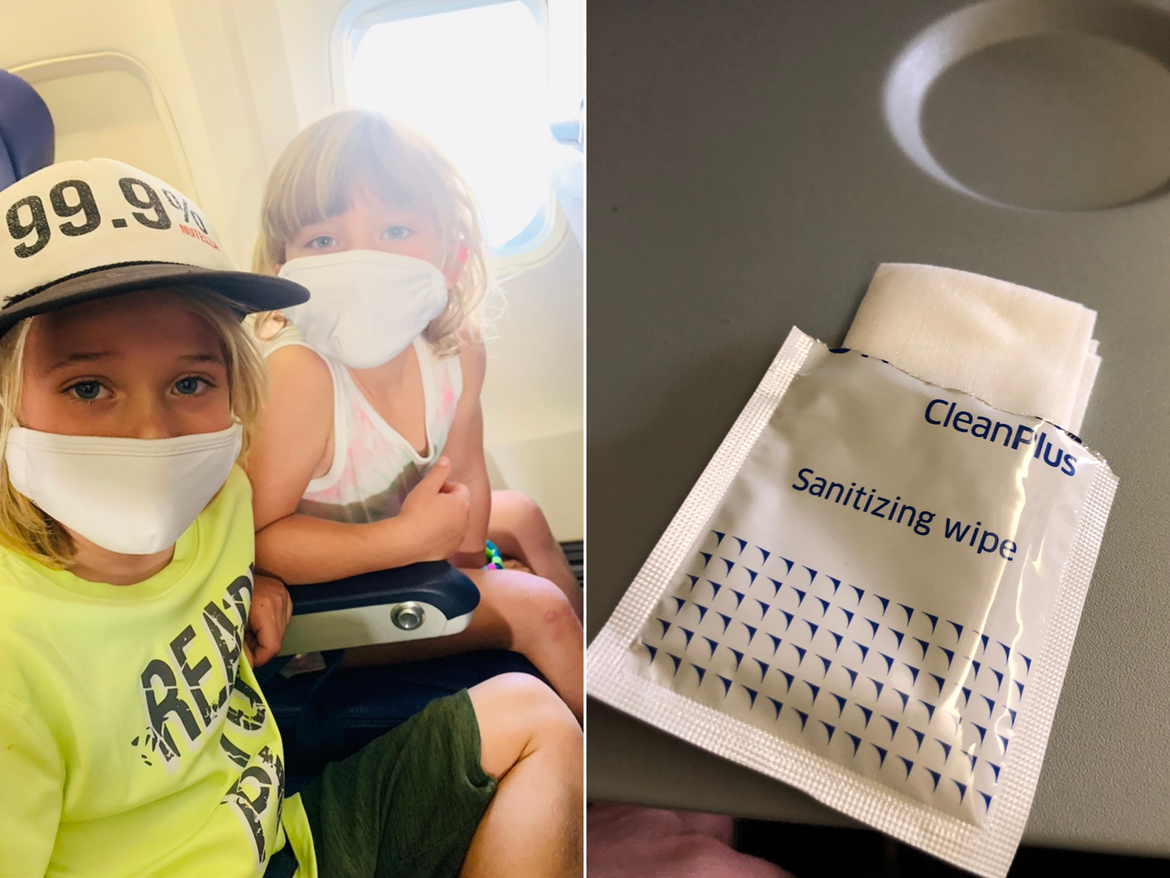 Collage of Ashley's kids on plane and hand sanitizer