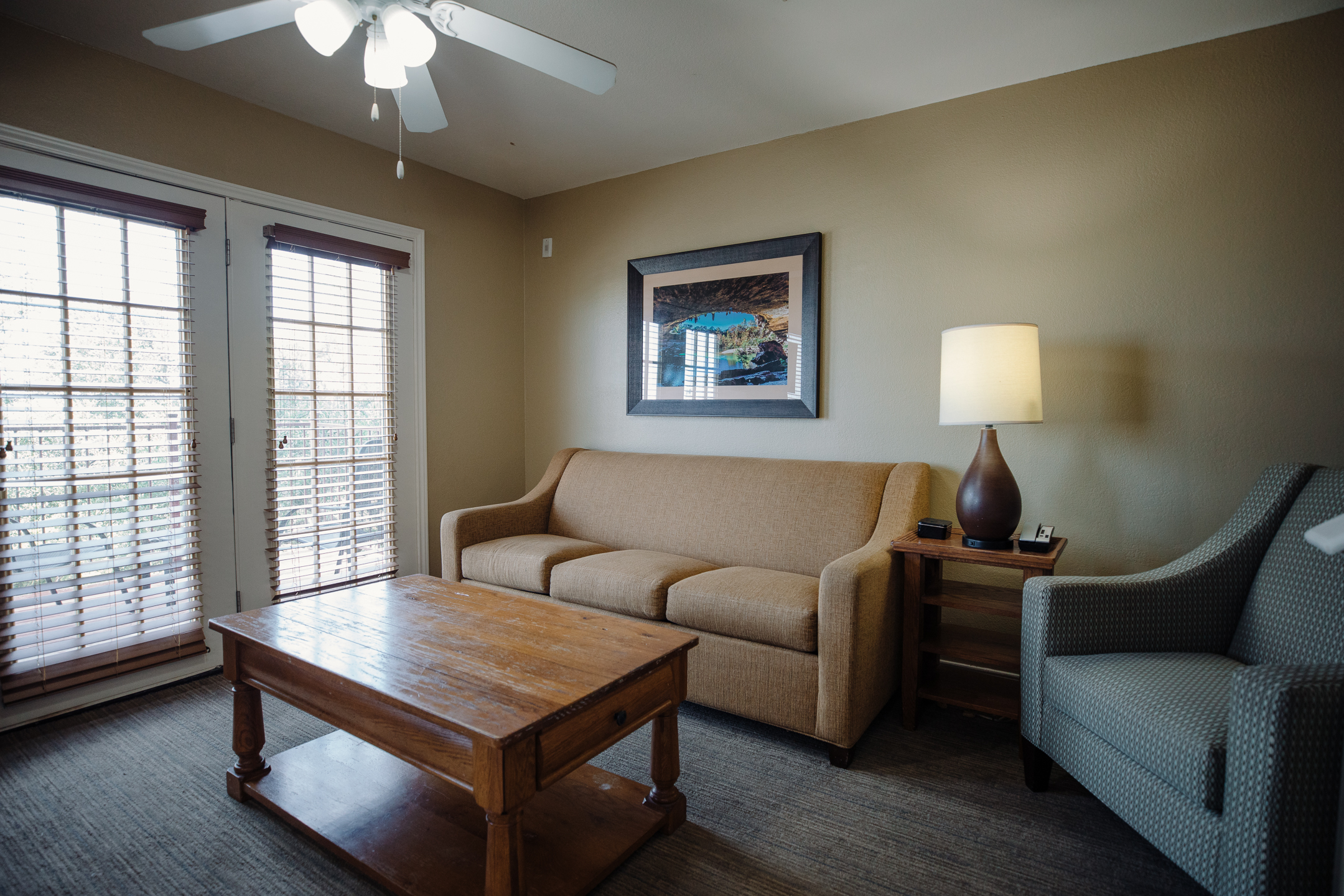 Living room in a two-bedroom townhome at the Hill Country Resort in Canyon Lake, Texas.