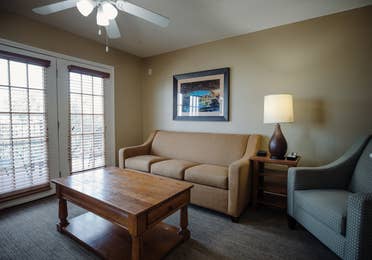 Living room in a two-bedroom townhome at the Hill Country Resort in Canyon Lake, Texas.