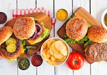 Hamburgers on a picnic table