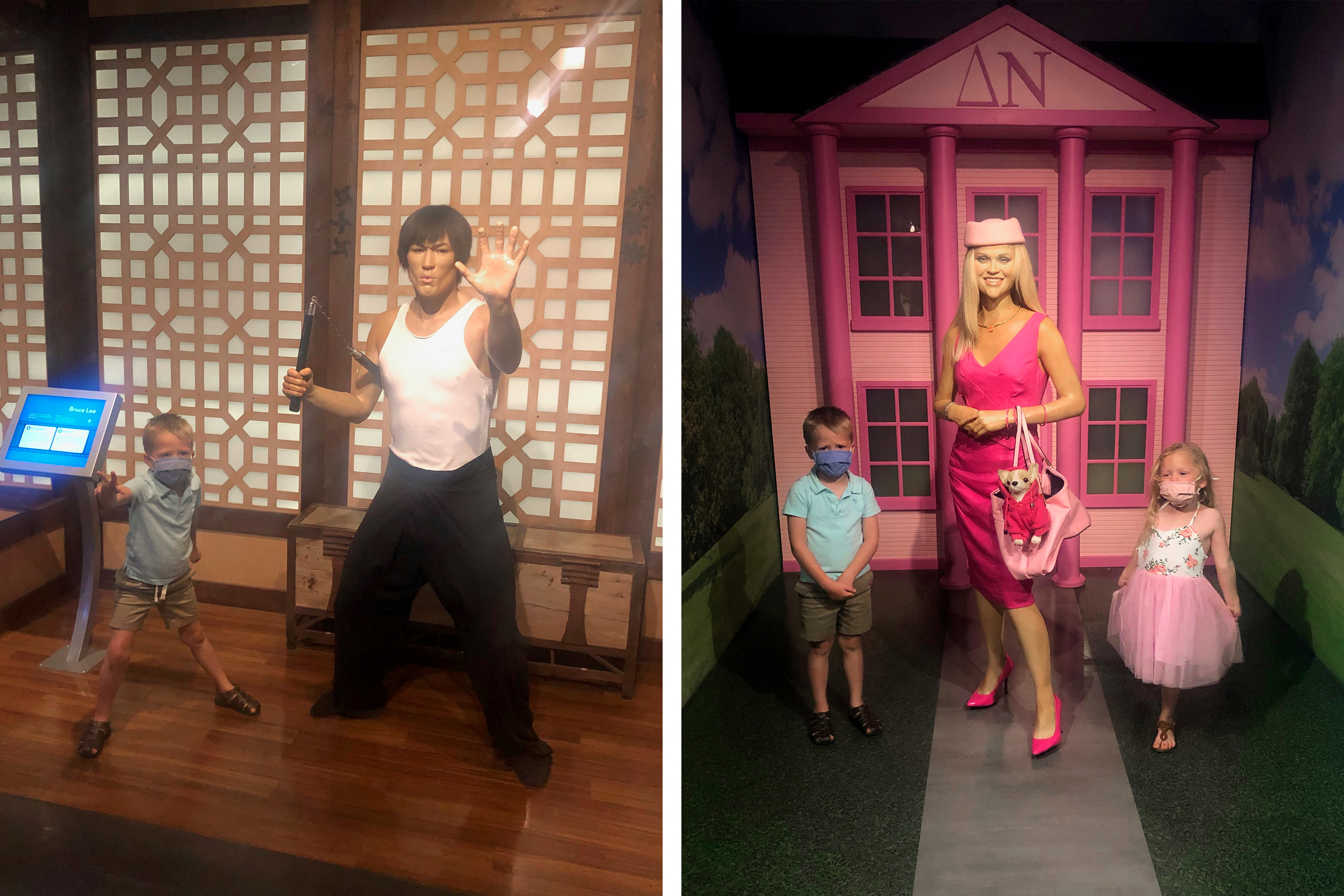 Left: Brianna's son makes a karate pose alongside a wax figure of Bruce Lee at the Hollywood Wax Museum in Myrtle Beach, SC. Right: Brianna's children pose with a wax figure of Reese Witherspoon as Elle Woods.