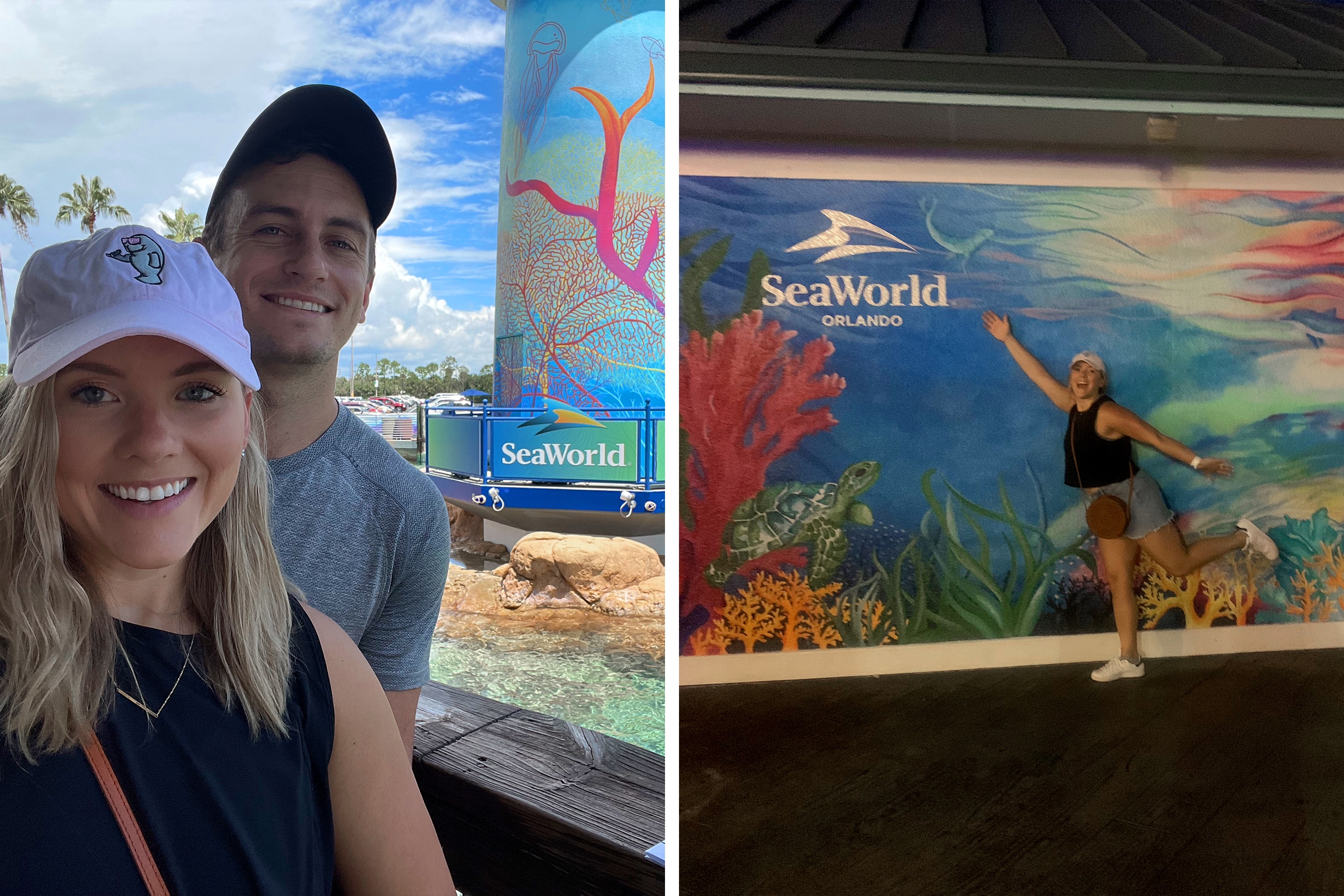 Left: A Caucasian male wearing a grey t-shirt, black cap (right) and a Caucasian female wearing a pink baseball cap and black tank top stand near the lighthouse in SeaWorld Orlando. Right: A woman poses with a wall mural of a coral reef.