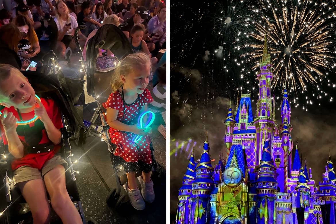 Left: A boy in a red shirt and girl in a red and white polka-dot dress sit in strollers with glow sticks and battery-operated lights adorning their strollers. Right: Cinderella's castle illuminates with light projections and fireworks.