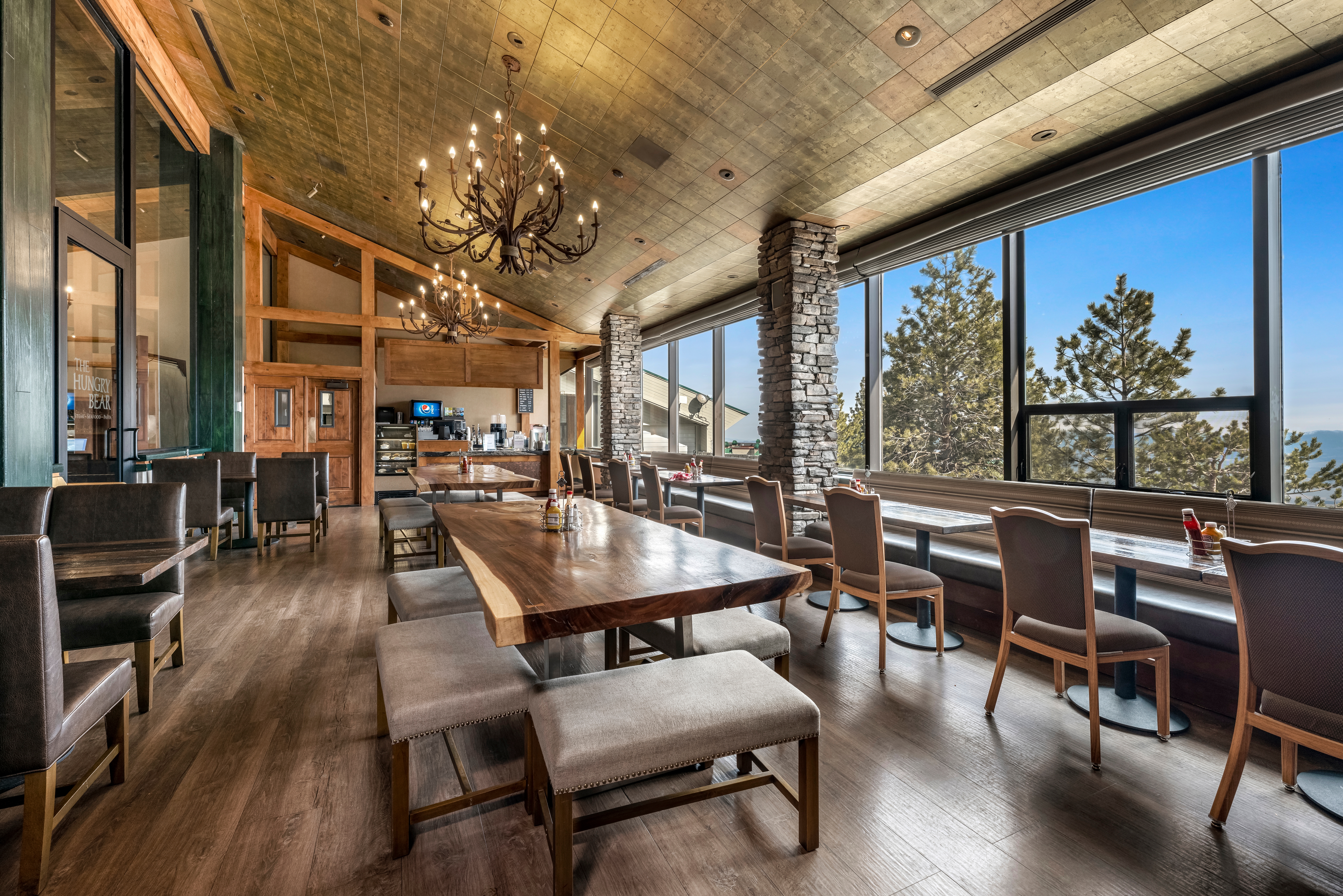 Dining room in The Ridge Club Bistro at Tahoe Ridge Resort in Stateline, Nevada.
