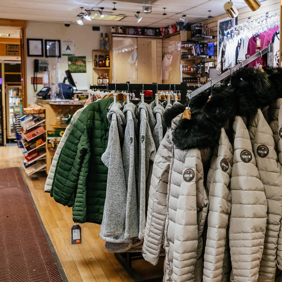 Rack of winter coats at the Marketplace at Tahoe Ridge Resort in Stateline, Nevada.