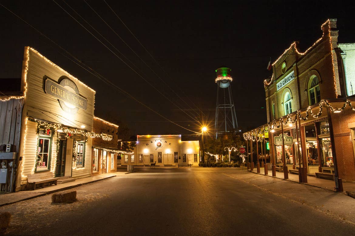 The Gruene Christmas Market days town square decked with Christmas lights.