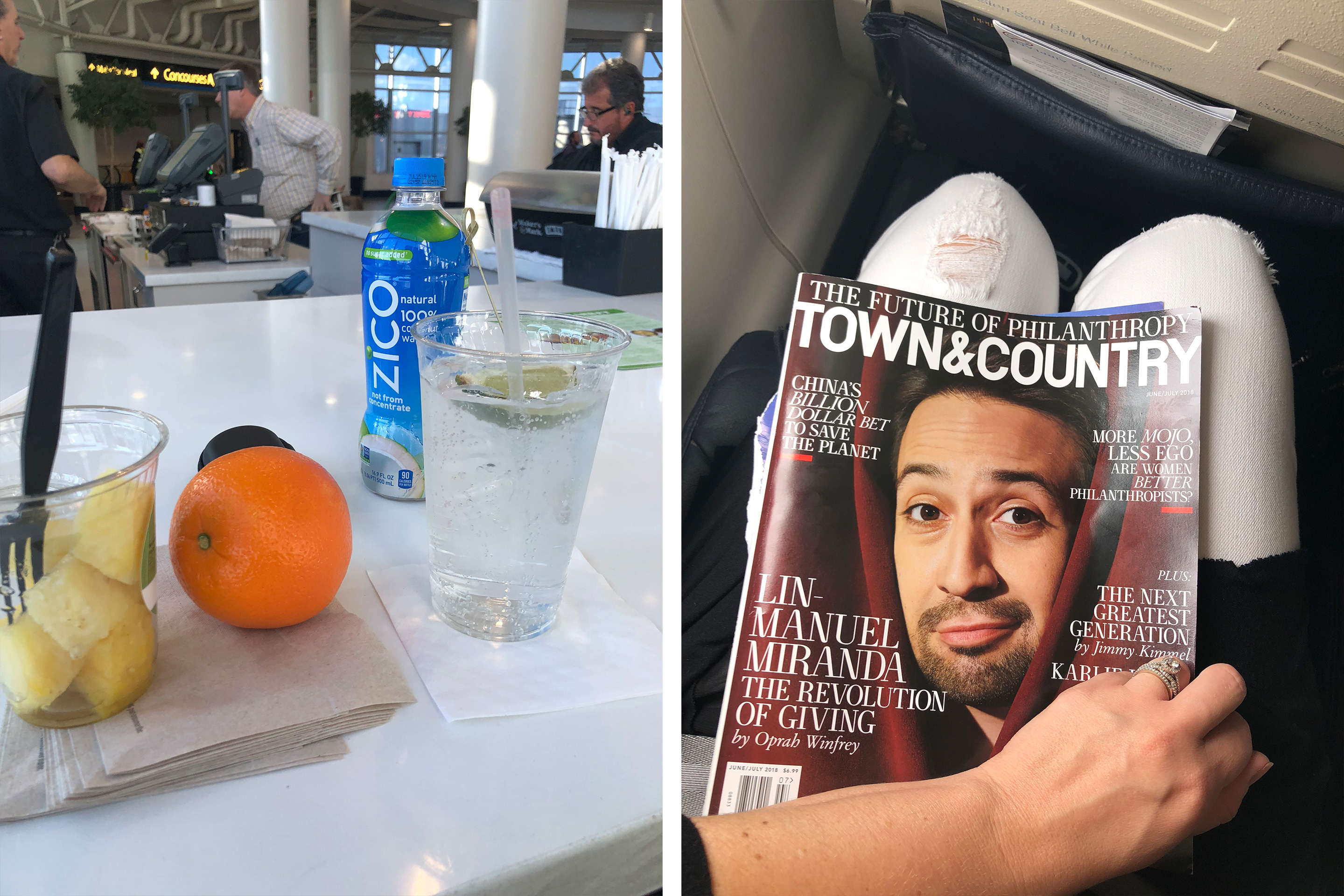 Left: Various healthy snacks of pineapple chunks, tangerine, and iced Zico coconut water are placed on a terminal restaurant countertop. Right: A magazine titled, 'Town & Country' features Lin Manuel Miranda's headshot and is placed on a woman's lap in an airplane seat.