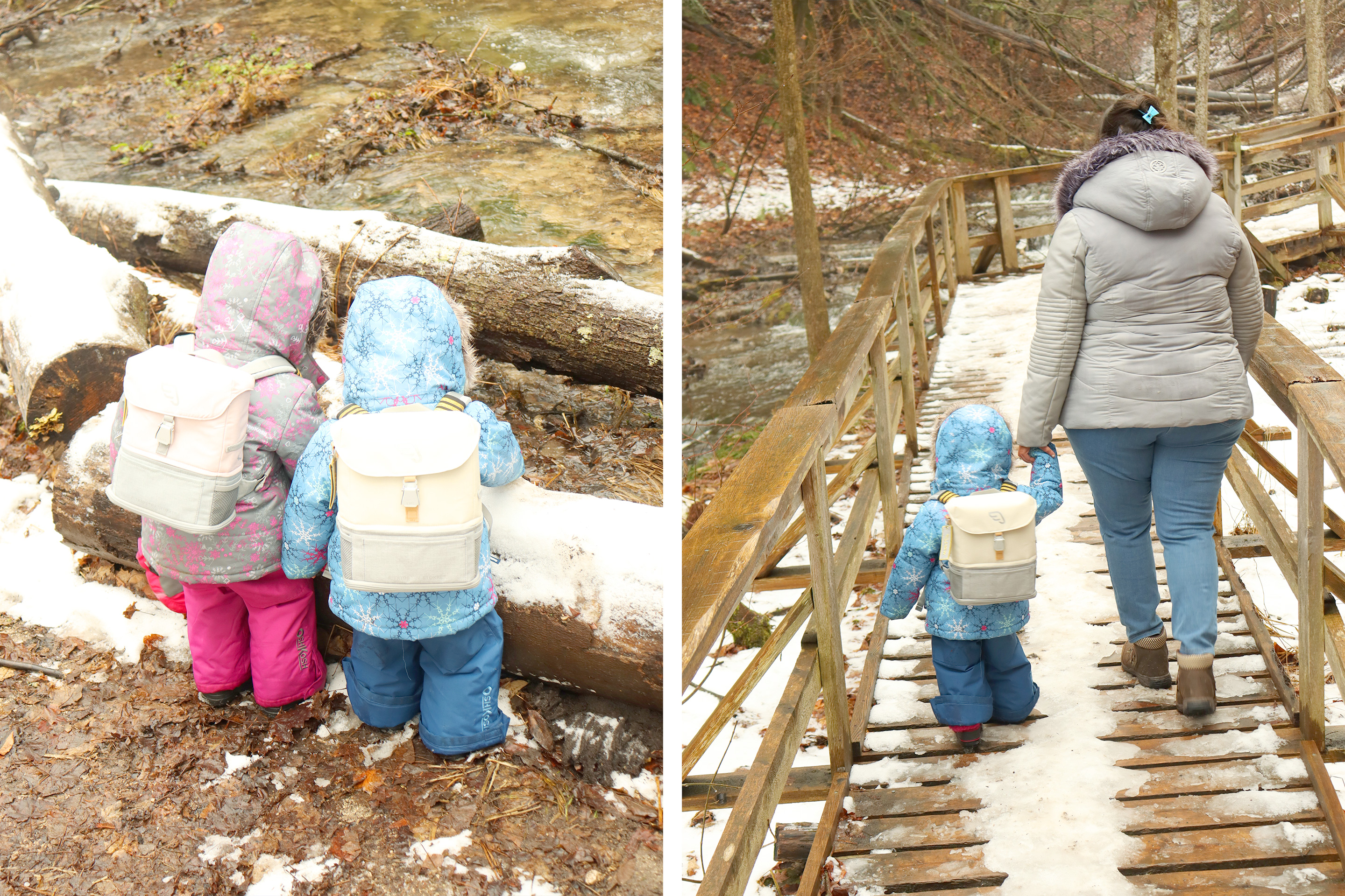Left: Featured Contributor, Karishma Kittur's daughters wear wintercoats and backpacks outdoors. Right: Karishma holds her daughters hand as they walk on a bridge.