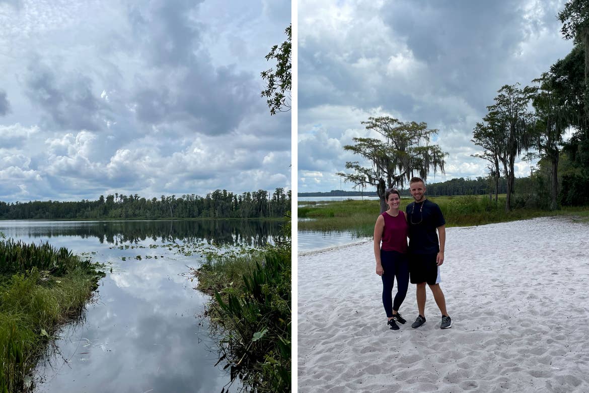 Left: Overlooking the waters and trees of Lake Louisa State Park under a cloudy sky. Right: A man and woman in recreational apparel stand on white sand surrounded by water and palm and moss trees under a cloudy sky.