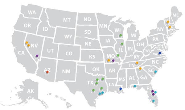 Map of the United States with pins representing resort locations.