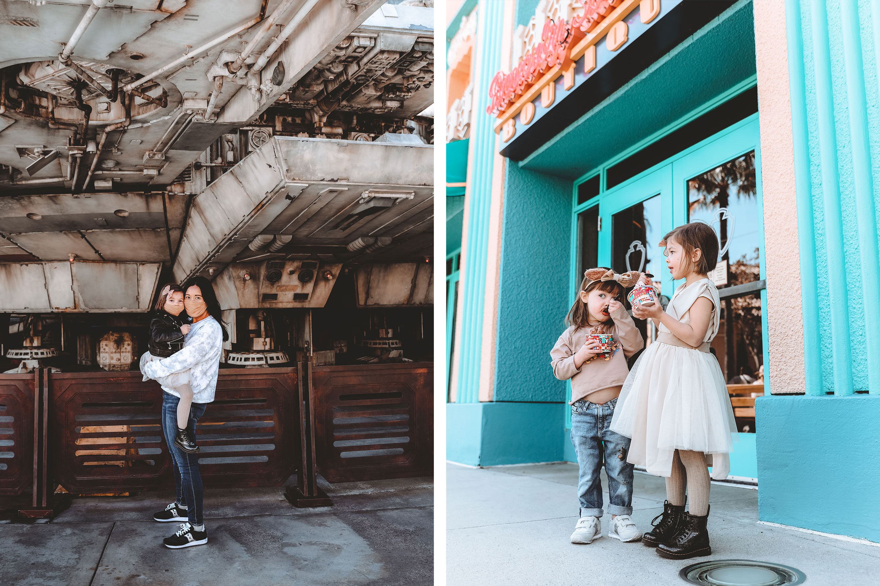 Left: Mia and Roux in front of the Millenium Falcon at Hollywood Studios® at Walt Disney World® Resort wearing sweaters and jeans. Right: Poppy Bleu (left) and Roux (right) enjoy a frozen treat.