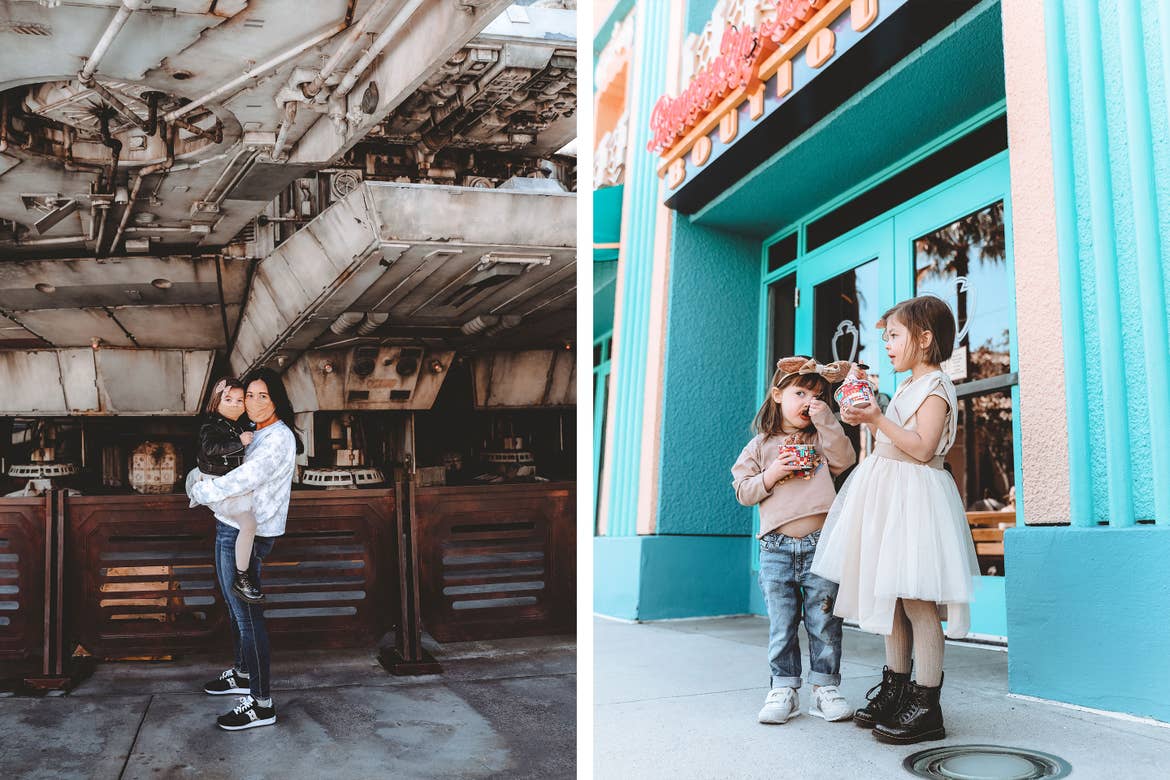 Left: Mia and Roux in front of the Millenium Falcon at Hollywood Studios® at Walt Disney World® Resort wearing sweaters and jeans. Right: Poppy Bleu (left) and Roux (right) enjoy a frozen treat.